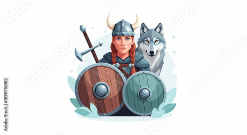 A fierce warrior woman with braided hair stands beside a wolf