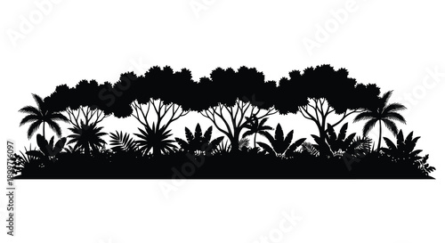 A striking black silhouette of a tropical forest scene with palm trees and lush foliage on transparent background high quality professional