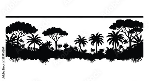 A striking black silhouette of a tropical jungle scene with palm trees and lush foliage on transparent background high quality professional
