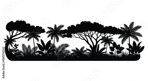 A striking black silhouette of a tropical jungle landscape with palm trees and lush foliage on transparent background high quality professional