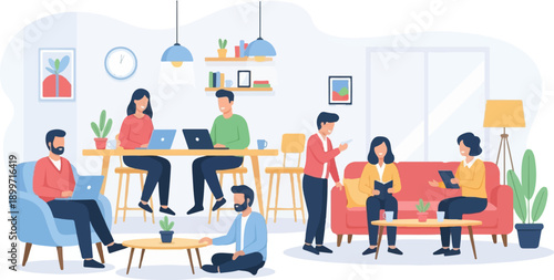 Casual meeting in a modern coworking space, people working remotely