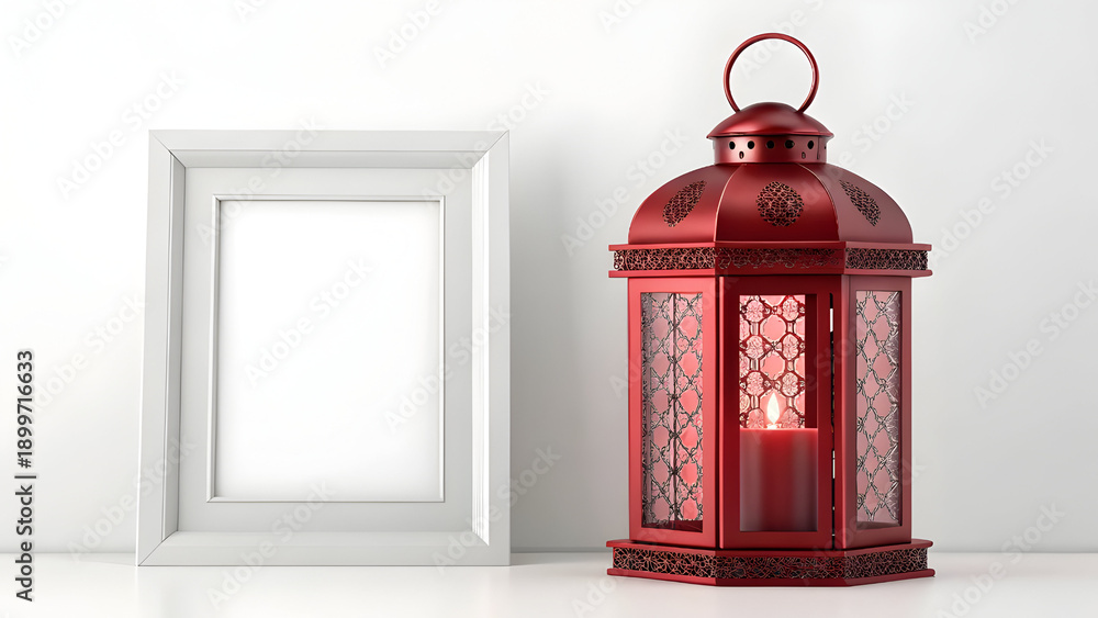 Obraz premium Red Decorative Lantern with Candle and Empty Frame on White Background