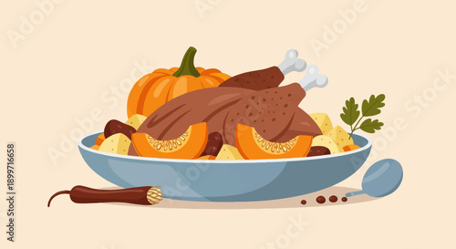 A festive dish featuring a roasted bird, pumpkin, and other harvest vegetables