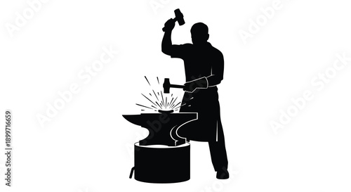 A blacksmith working at an anvil raising a hammer in the air with sparks flying on transparent background silhouette high quality