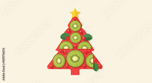 A festive Christmas tree shape decorated with slices of kiwi and berries