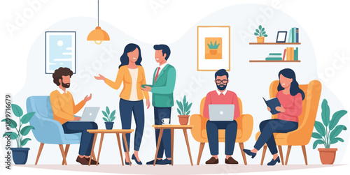 Casual office setting with people working, conversing, and reading