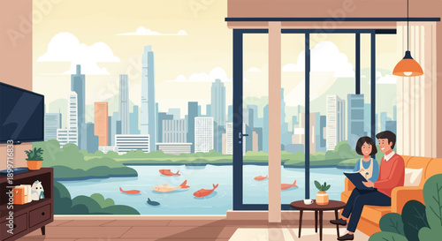 A father and daughter read together in a cozy living room overlooking a city