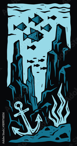 Stylized Vintage Woodcut Nautical Abyss Scene with Anchor and Fish