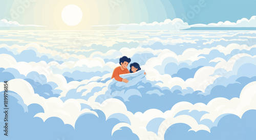 A father and child embrace nestled on soft clouds under a bright sun
