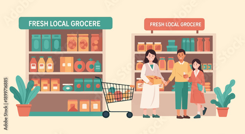 A family shops at a fresh local grocery store with shelves stocked full