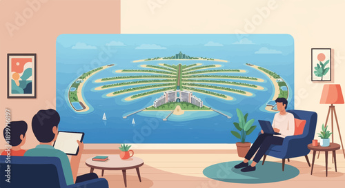 A family watches a tropical island resort on a large screen while relaxing at home