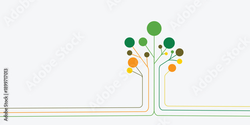 Abstract illustration of a stylized tree with colorful circles representing growth and connection on a white background.