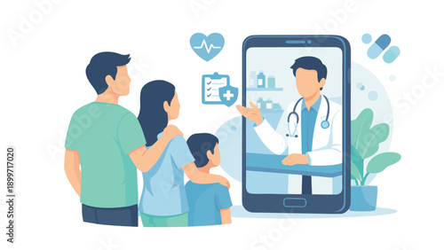 Telemedicine Family Healthcare Consultation with Doctor on Smartphone Screen Flat Vector Illustration