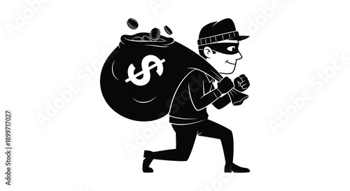 A black silhouette of a thief running with a bag of money ideal for design work on transparent background high quality
