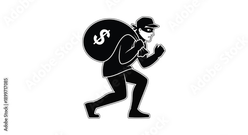 A black silhouette of a thief carrying a bag with a dollar sign ideal for design projects on transparent background