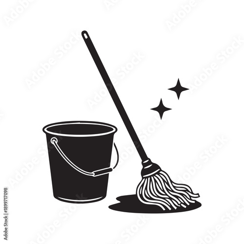 Mop and bucket silhouette icon with water puddle for cleaning service logo
