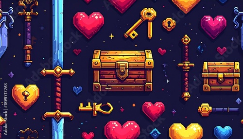 Pixel Art Treasures - A Seamless Pattern of Hearts, Keys, and Swords.