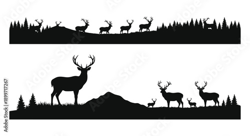 A black silhouette of deer amidst trees and mountains presented as a decorative border on transparent background silhouette high quality professional