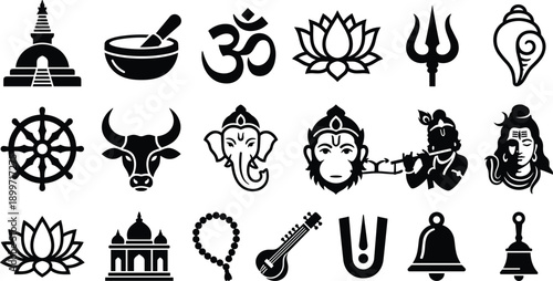 Hindu religious symbols icon set, spiritual deities, Ganesha, Shiva, Krishna, Om, lotus flower, temple, yoga meditation elements, Indian culture, sacred vector illustration.