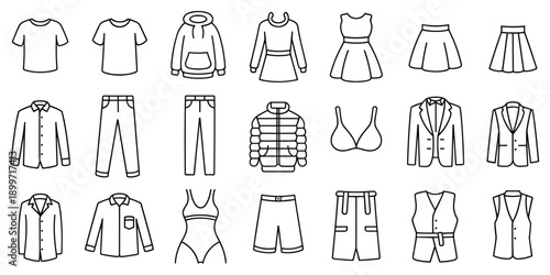 Casual clothing icons set, fashion apparel line art, t-shirt, hoodie, dress, skirt, jacket, pants, suit, vest, underwear, garment technical drawing.