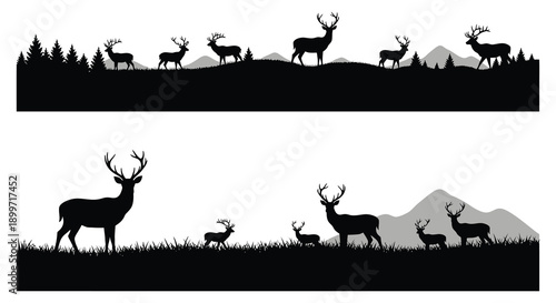 A black silhouette of deer and a forest landscape repeated twice ideal for design work on transparent background silhouette high quality