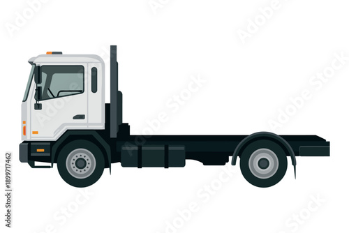 A white semi-truck cab with a black chassis on a plain background