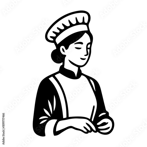 Dibujo sencillo con líneas de una mujer con uniforme de cocinero	