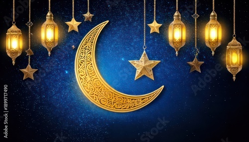 Ramadan Kareem celebration with golden crescent moon and lanterns.
