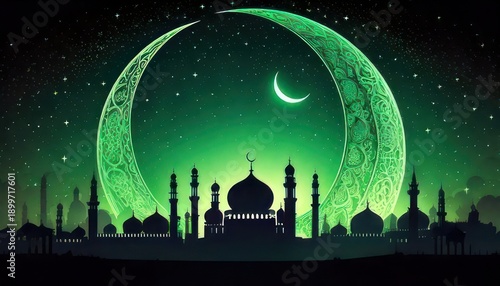Ramadan Kareem illustration with mosque silhouette and crescent moon.