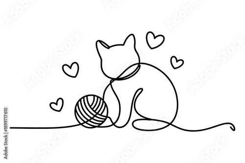 A cute cat playing with a ball of yarn and surrounded by hearts