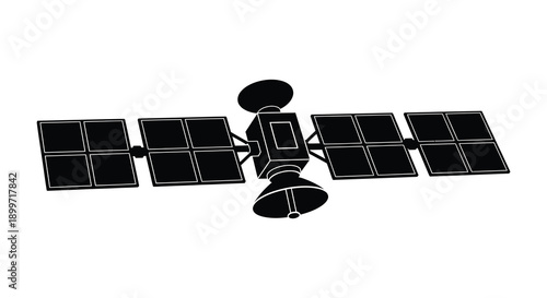 A sleek dark silhouette of a satellite with large solar panels ideal for design projects on transparent background high quality professional