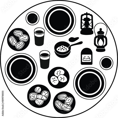 Collection of camping and outdoor meal icons for adventure and travel