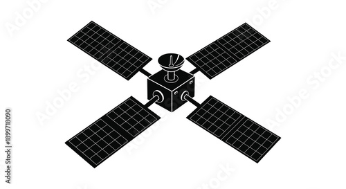 A detailed black silhouette of a satellite with extended solar panels ideal for space themed designs on transparent background high quality professional