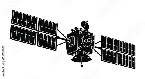 A detailed illustration of a space satellite with large solar panels presented as a silhouette on transparent background high quality professional