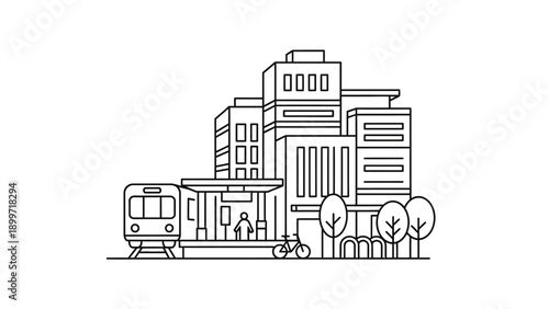 Urban cityscape with train station, buildings, people, and bicycle