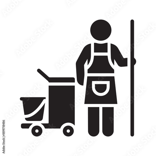 Professional maid or janitor cleaning service icon with broom and trolley silhouette
