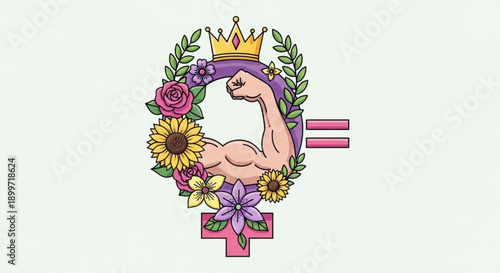 Empowerment symbol with flexed arm flowers crown and equality sign representing feminism and strength