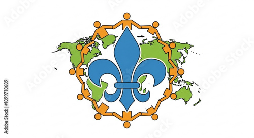 Global unity symbol with fleur de lis on world map surrounded by interconnected people