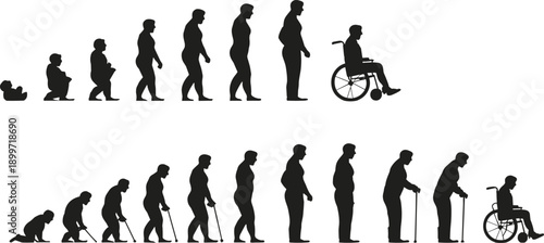 Human life stages silhouettes from baby to elderly with disability inclusion, aging process timeline vector illustration evolution concept set