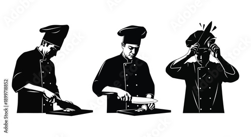 Three black silhouette depictions of chefs preparing food showcasing various poses on transparent background high quality professional detailed modern elegant stylish