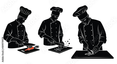 Three chefs in black uniforms preparing food showcasing culinary skill on transparent background silhouette high quality professional detailed modern elegant stylish