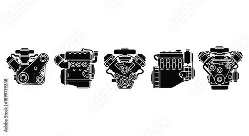 Five different engine types are displayed in a row showcasing automotive power on transparent background silhouette high quality professional detailed modern