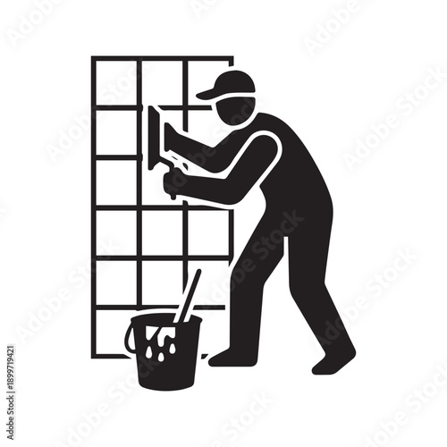 Professional tiler silhouette icon installing ceramic tiles on wall vector illustration
