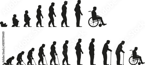 Human life stages silhouettes from baby to senior with disability inclusion, aging process timeline vector illustration evolution concept