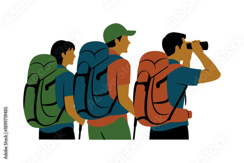 Four friends on a hiking adventure with backpacks and binoculars