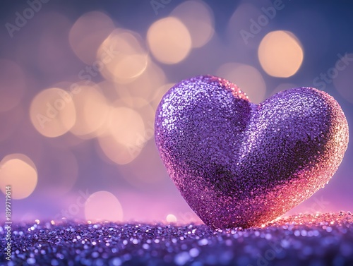 Pink heart shaped with glitter on purple background sparkly