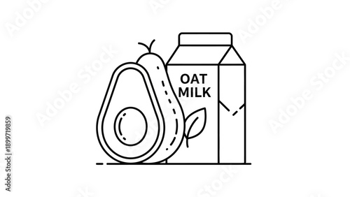 Avocado half and oat milk carton line art illustration