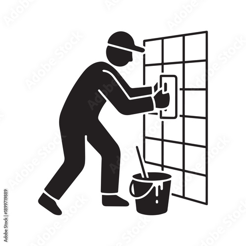 Professional tiler silhouette icon installing ceramic tiles on wall vector illustration
