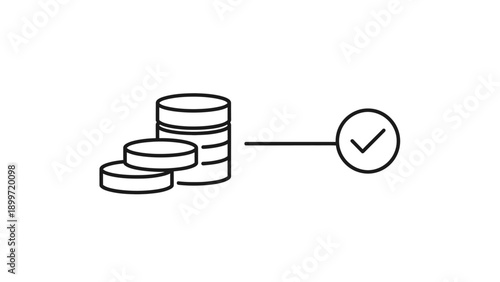 Coins and checkmark indicating financial completion icon