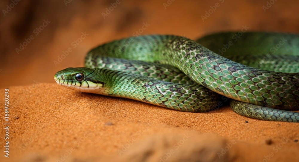 Fototapeta premium Green snake rests on sandy ground with textured scales and a calm watchful gaze